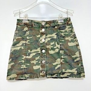 Almost Famous Camo Denim Button Down Mini A Line High Rise Skirt